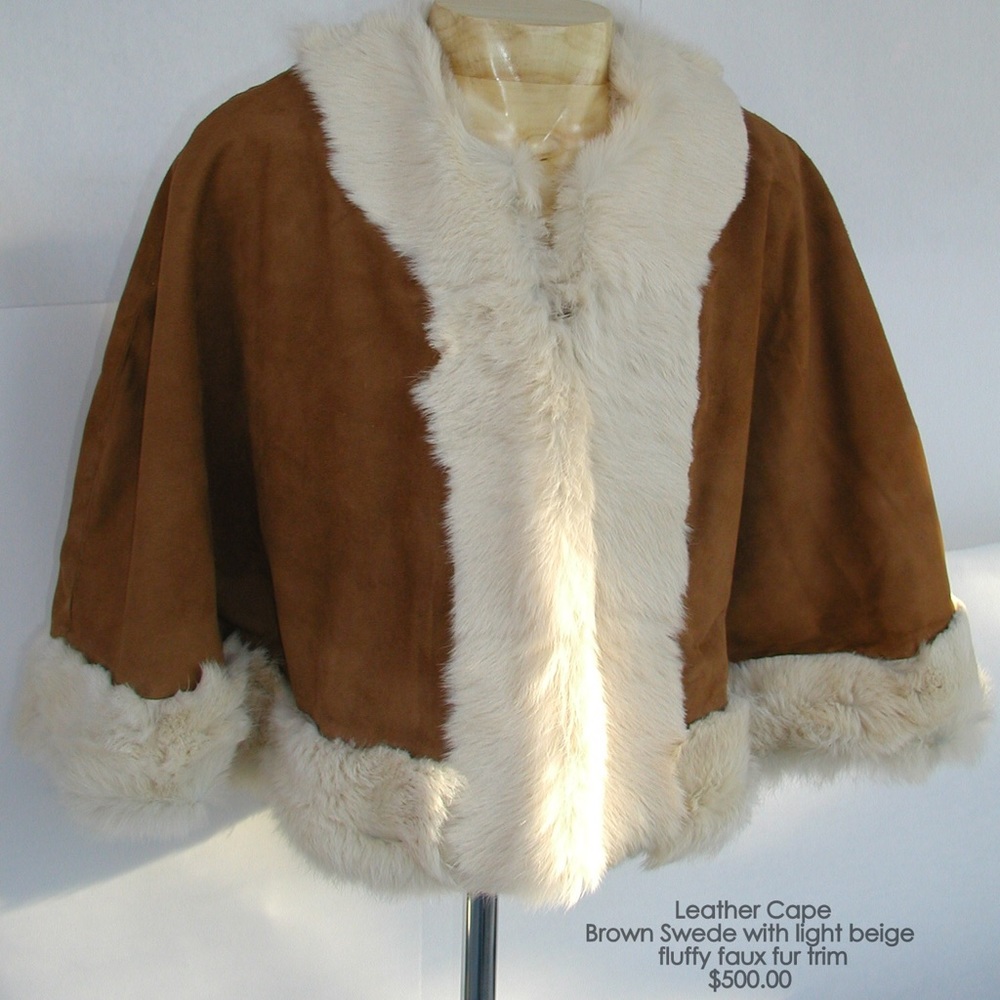Brown Swede cape with light beige faux fur trim